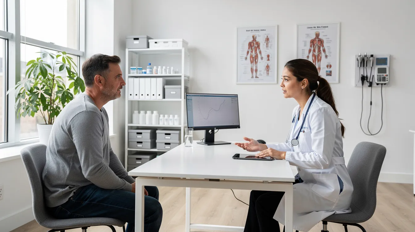 The image depicts a patient consultation in a modern medical office, where a board-certified plastic surgeon discusses a personalized treatment plan for a Brazilian butt lift surgery. The consultation focuses on body contouring options, including fat grafting and minimally invasive alternatives, ensuring the patient has realistic expectations and understands the recovery process.