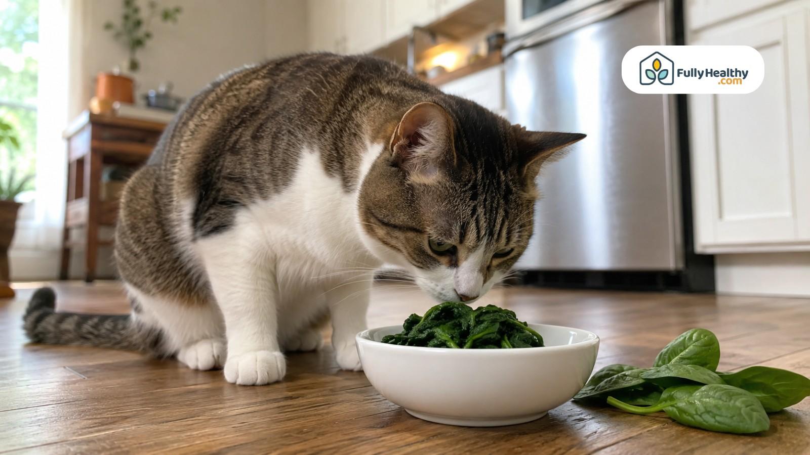 Curious tabby cat sniffing small bowl of cooked spinach indoors