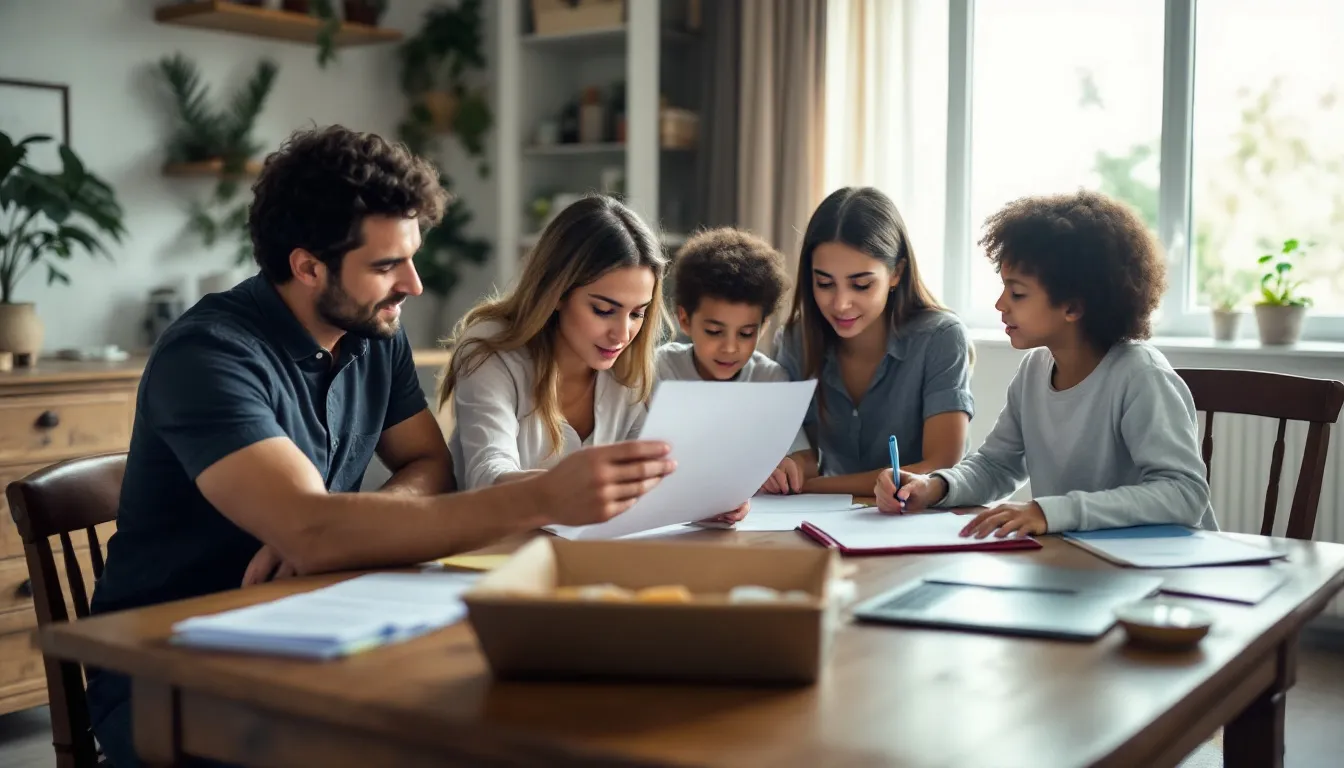 Uma família brasileira está reunida em torno de uma mesa, revisando documentos relacionados à herança, incluindo declarações e informações sobre bens móveis e imóveis. Eles discutem a transmissão causa mortis e as implicações do imposto sobre a herança, como o ITCMD, em um ambiente que reflete a importância da segurança e do reconhecimento dos direitos dos beneficiários.