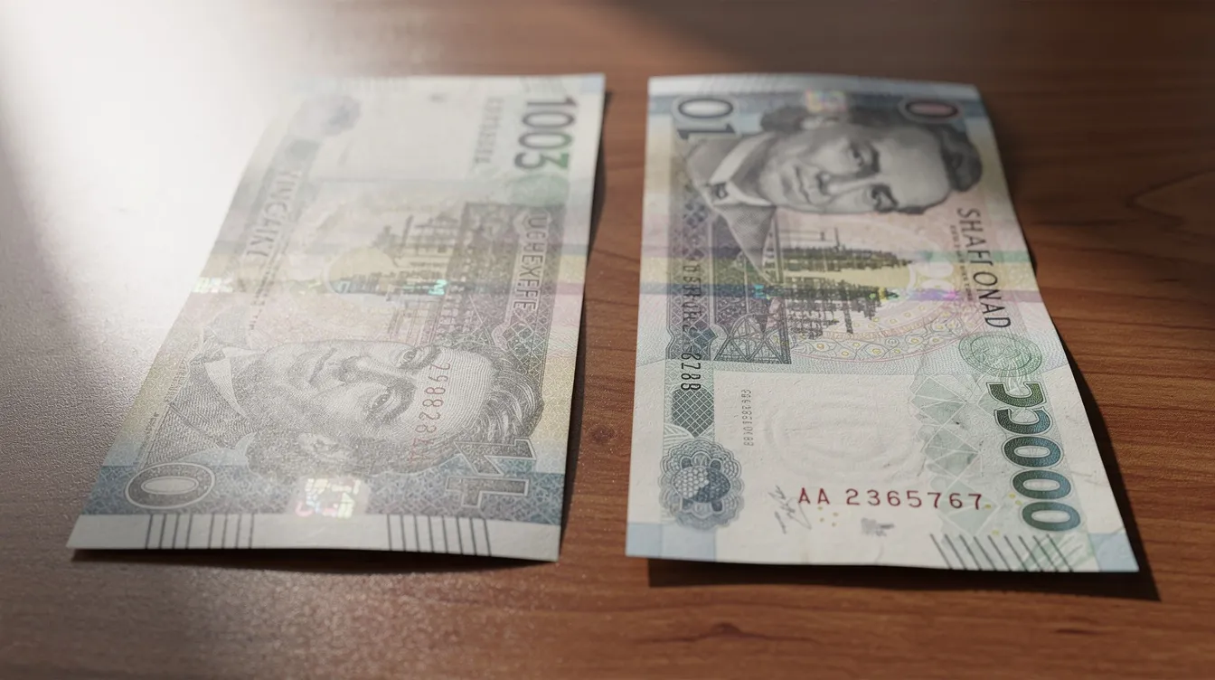 The image shows a close-up view of two distinct currency notes laid side by side on a wooden desk, highlighting the differences in design and denomination. This visual representation can evoke thoughts about international money transfers and the importance of understanding exchange rates when sending money across borders.