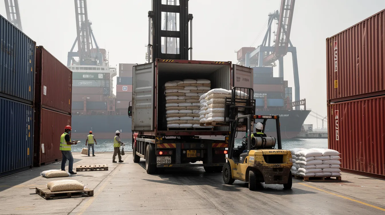 294ff38d cb75 48f5 bb88 b13e8583242d The image shows large shipping containers at a port facility being loaded with multiple bags of processed pulses, such as green gram and toor dal. This process is crucial for ensuring food safety and compliance with quality management systems, as it involves adhering to hygiene standards and regulatory requirements for agricultural commodities.