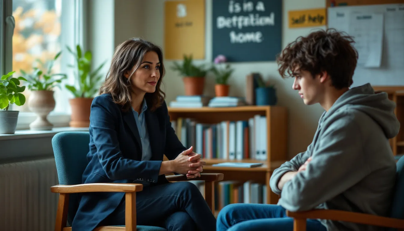 A school counselor is sitting across from a teenage student in a comfortable office, providing support for adolescent mental health. The setting is warm and inviting, emphasizing the importance of mental health services for young people facing challenges such as anxiety disorders and depressive moods.