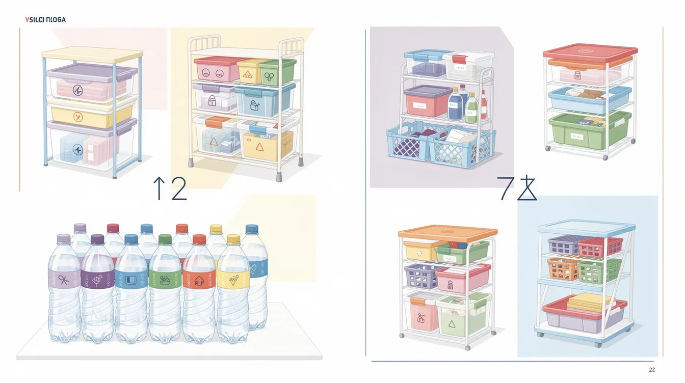 Storage solutions for emergency supplies, including soft drink bottles and organized containers.