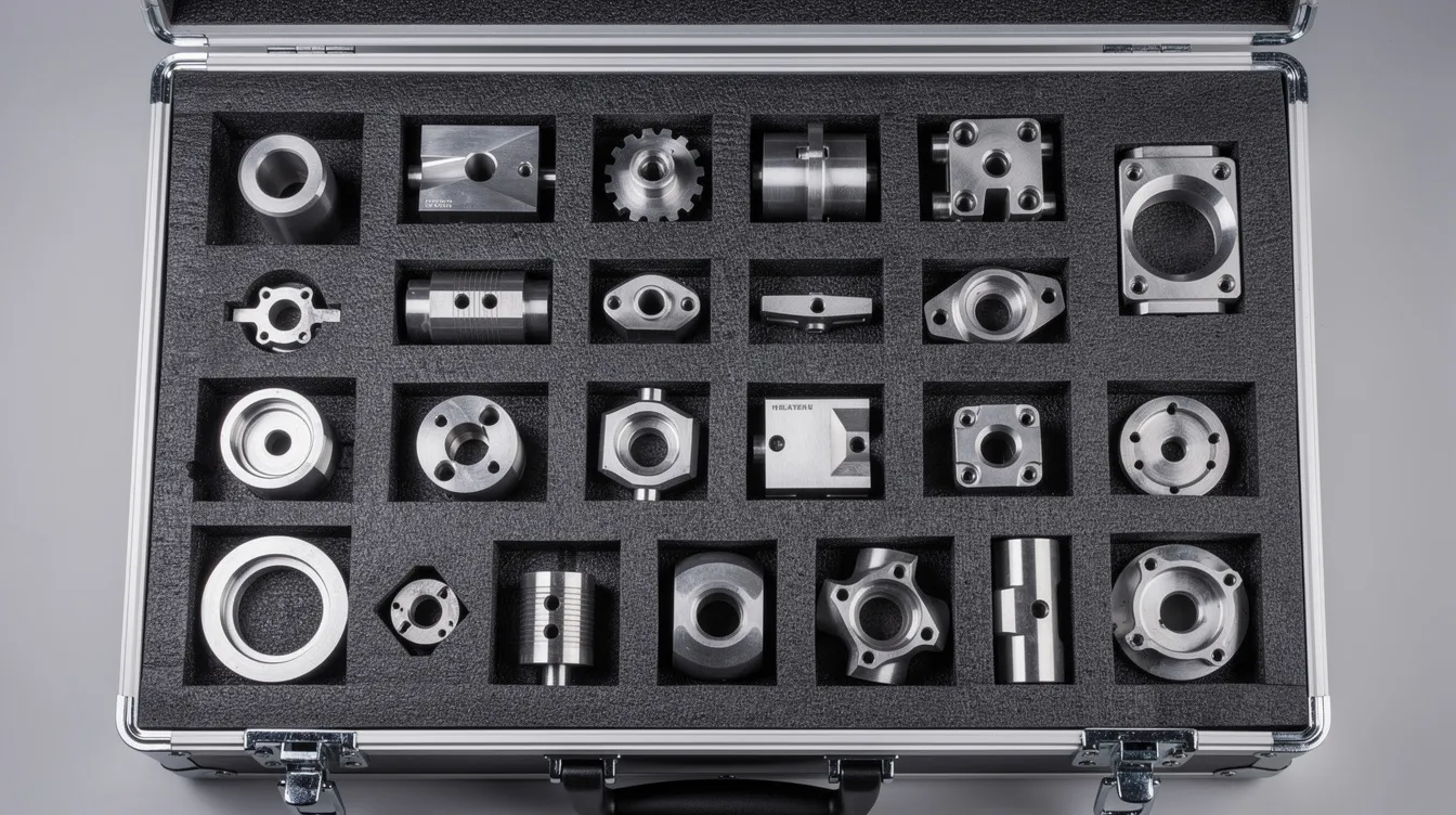 The image shows a shipping crate filled with carefully packed CNC machined metal parts, secured in foam inserts to prevent movement during transport. These high-quality, precision machined parts are designed for various industries, ensuring protection and integrity for delivery.