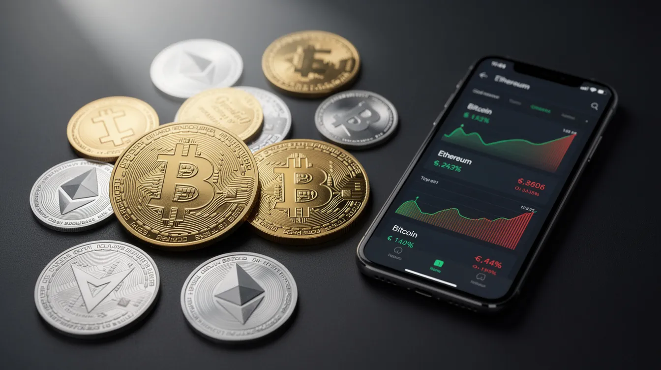 Das Bild zeigt eine Auswahl verschiedener Kryptowährungs-Münzen, darunter Bitcoin und Ethereum, die neben einem Smartphone angeordnet sind. Diese Darstellung könnte für Nutzer von online Casinos ohne Oasis von Interesse sein, da sie die Verbindung zwischen digitalen Währungen und modernen Glücksspielplattformen verdeutlicht.