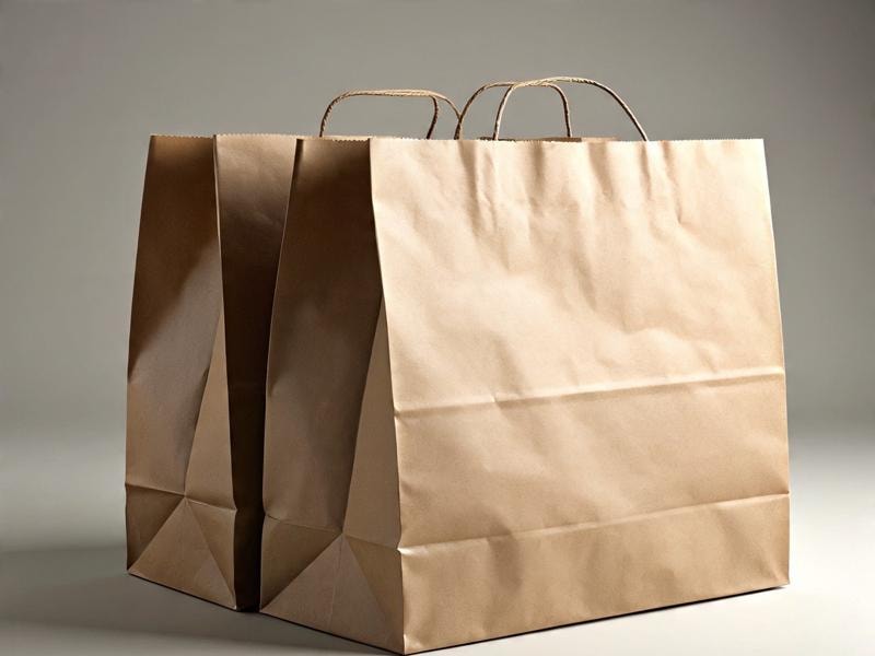 An image of two brown kraft paper grocery bags with handles standing side by side.