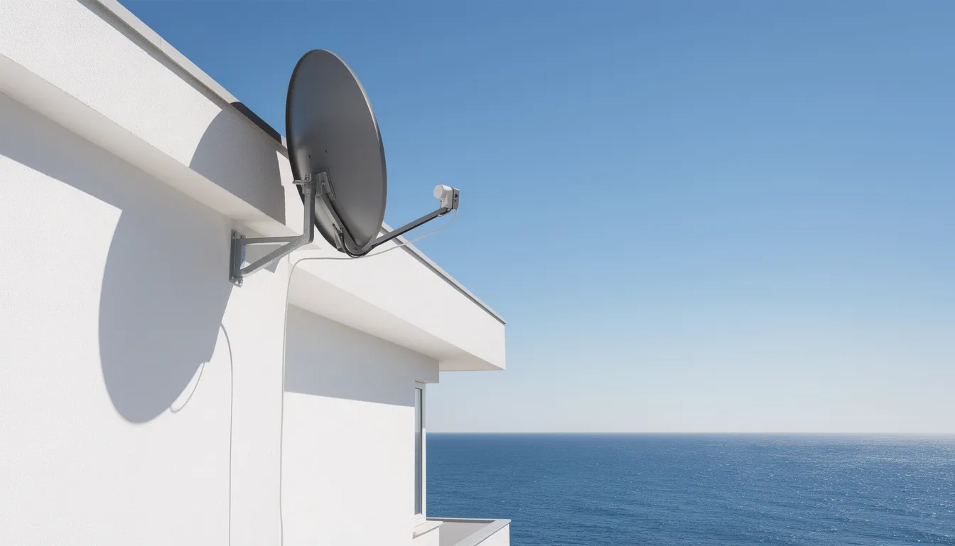 A satellite dish is mounted on the roof of a white coastal home, with a clear blue sky and the ocean visible in the background. This image represents professional DSTV installations, showcasing the reliable service provided by accredited DSTV installers in Struisbaai.