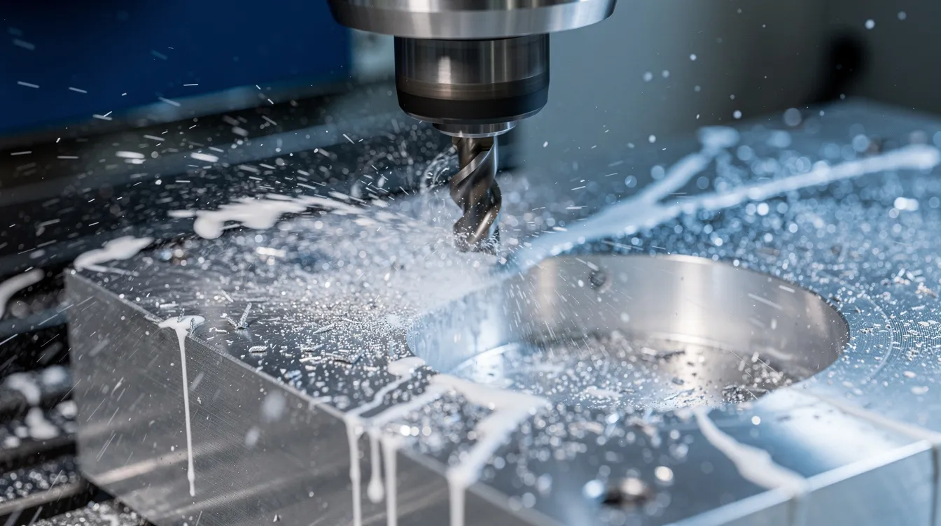 A close-up view of a CNC milling machine in action, cutting through an aluminum workpiece while coolant spray is visibly dispersing, showcasing precision machining capabilities essential for producing high-quality components in various industrial applications. This image highlights the efficiency and accuracy of CNC machining processes used in machine shops.