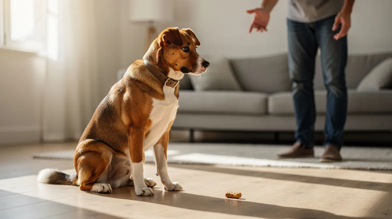 The image depicts a well-trained dog sitting calmly on a leash, with its nose pointed towards a high-value treat held in an open palm by a person. The dog demonstrates self-control and impulse control, showcasing its understanding of the "leave it command" as it ignores distractions in a real-world setting.