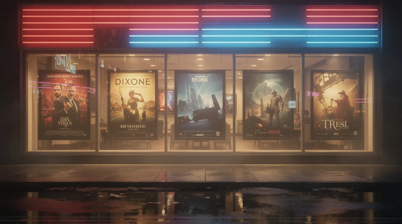 In einem beleuchteten Schaufenster sind fünf ikonische Filmplakate nebeneinander angeordnet, die eine Zusammenstellung der besten Filme aller Zeiten zeigen. Das warme Kinoambiente und die Neonlichter, die sich auf dem nassen Bürgersteig spiegeln, schaffen eine einladende Atmosphäre für Kino-Fans und Kunden.