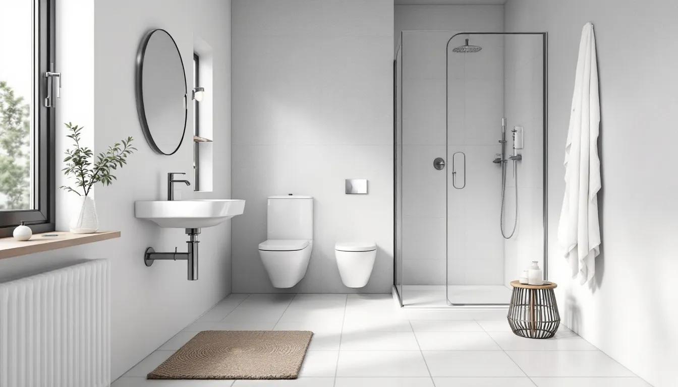A neatly organized small bathroom with minimal items, creating a spacious feel.