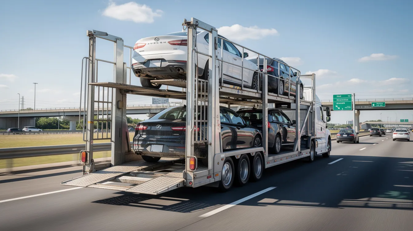 An open car carrier trailer is seen on a highway, transporting multiple sedans and SUVs, showcasing the process of expedited auto transport. This vehicle shipping service highlights the efficiency of car transport companies in safely delivering vehicles to their designated pickup and delivery locations.
