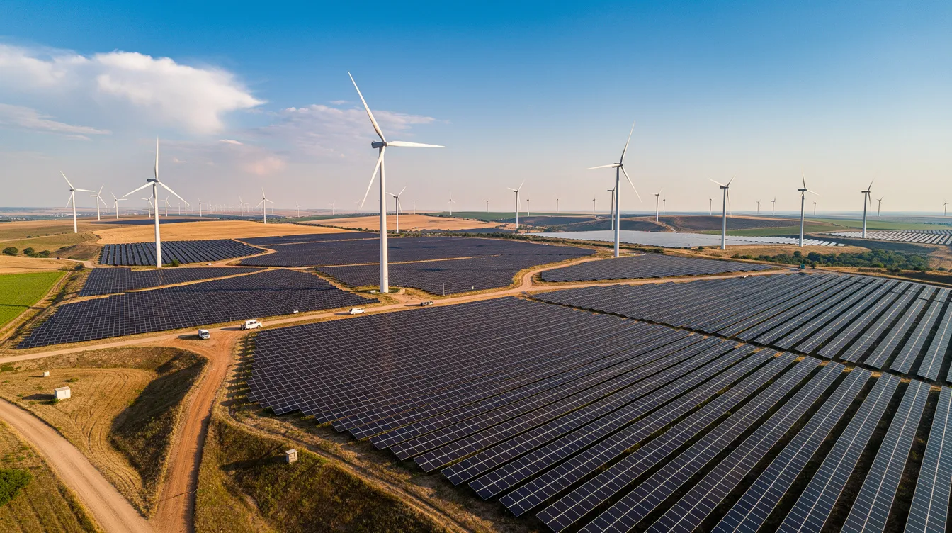 An aerial view showcases vast renewable energy projects, featuring rows of solar panels and wind turbines scattered across a green landscape under a clear blue sky. This image highlights the growing importance of solar power projects and wind energy in the renewable energy industry.