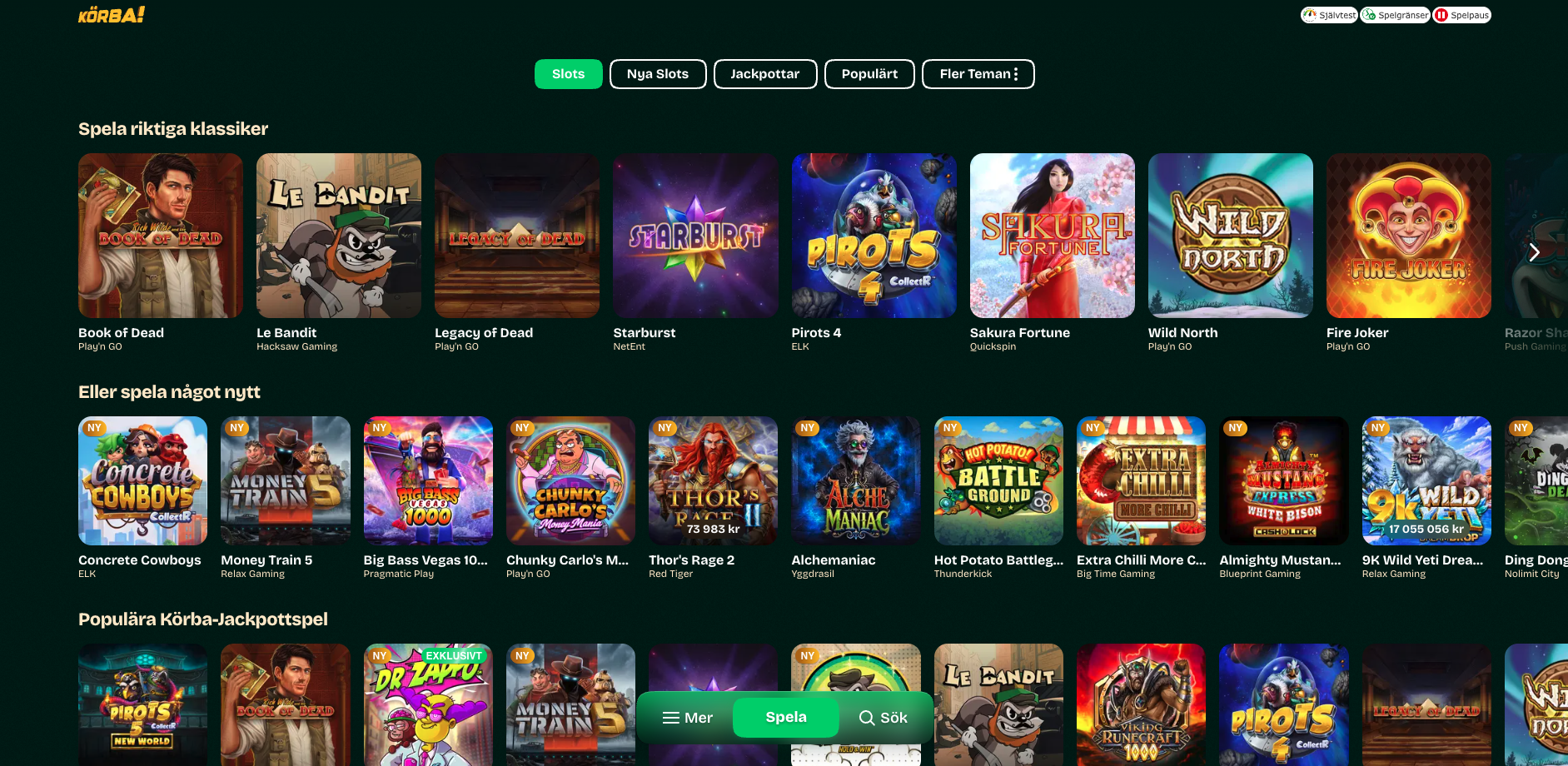 Slots hos Körba indelade i klassiska spel, nya spel och populära jackpotspel.