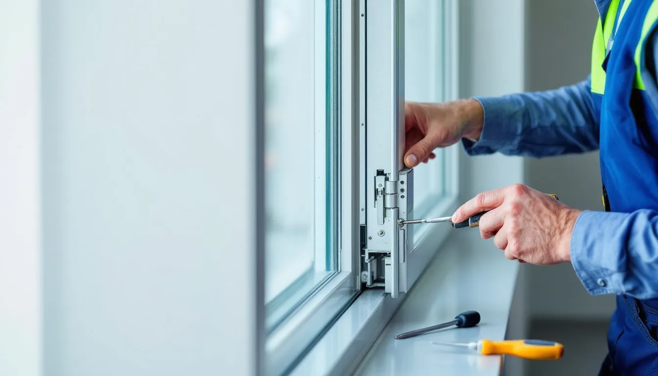 Een vakman voert onderhoudswerkzaamheden uit aan een aluminium kozijn, waarbij hij de strakke uitstraling en uitstekende kwaliteit van het kozijn in het oog houdt. De focus ligt op het waarborgen van de goede isolatie en het onderhoudsvriendelijke karakter van de aluminium profielen.