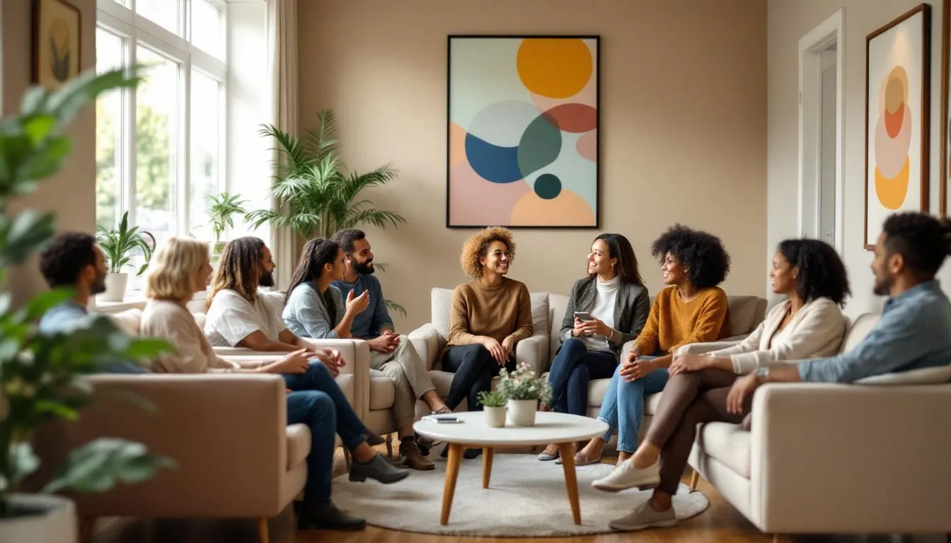 The image depicts a diverse group of individuals seated in comfortable chairs within a warm and inviting therapy office, illuminated by natural light. This setting fosters a supportive environment for mental health counseling, encouraging open discussions about emotional well-being and the challenges of life.