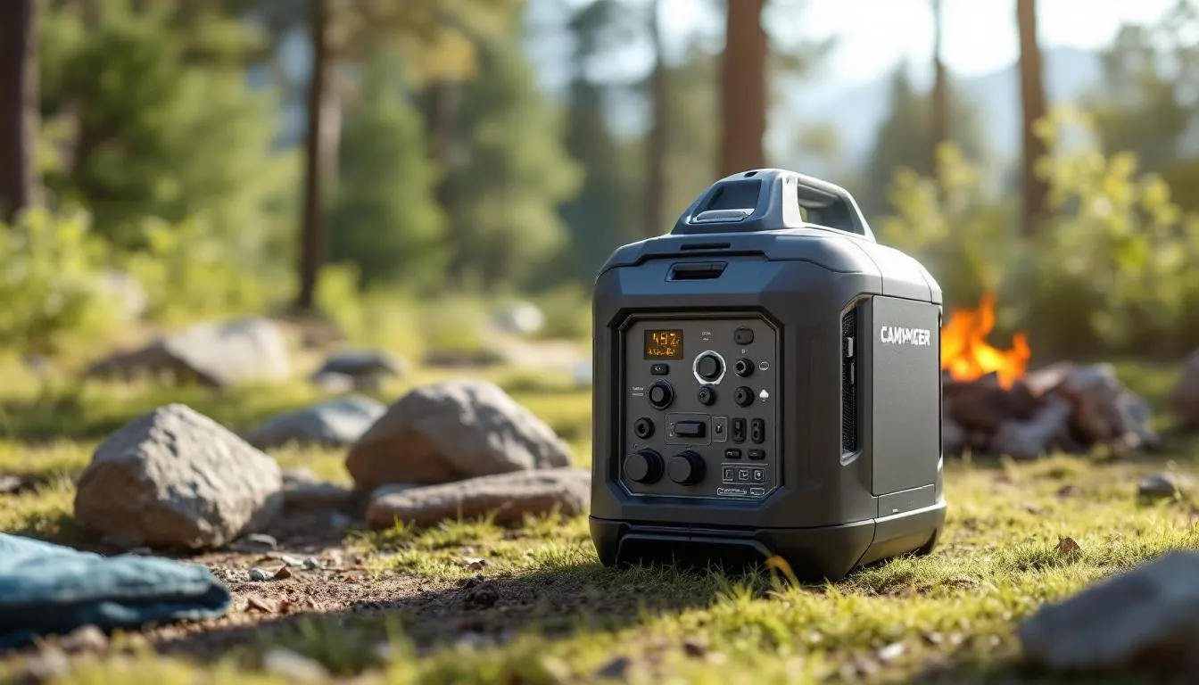 A portable generator for camping set up in a scenic outdoor location.