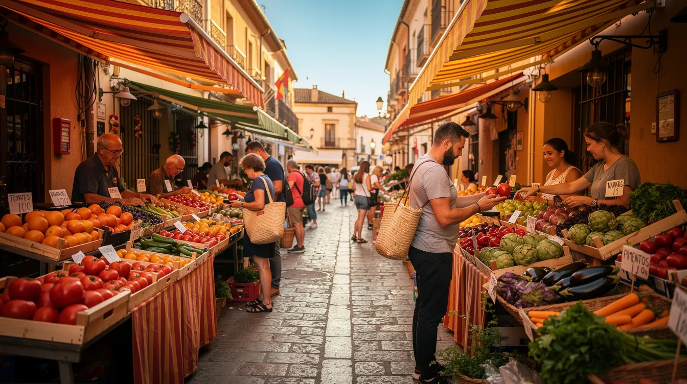 The image depicts a vibrant Spanish outdoor market filled with colorful fruit and vegetable stalls, shaded by awnings, as shoppers browse under the warm morning sun. This lively scene captures the essence of local life in Spain, perfect for those considering moving to Spain or experiencing the culture as a foreign national.