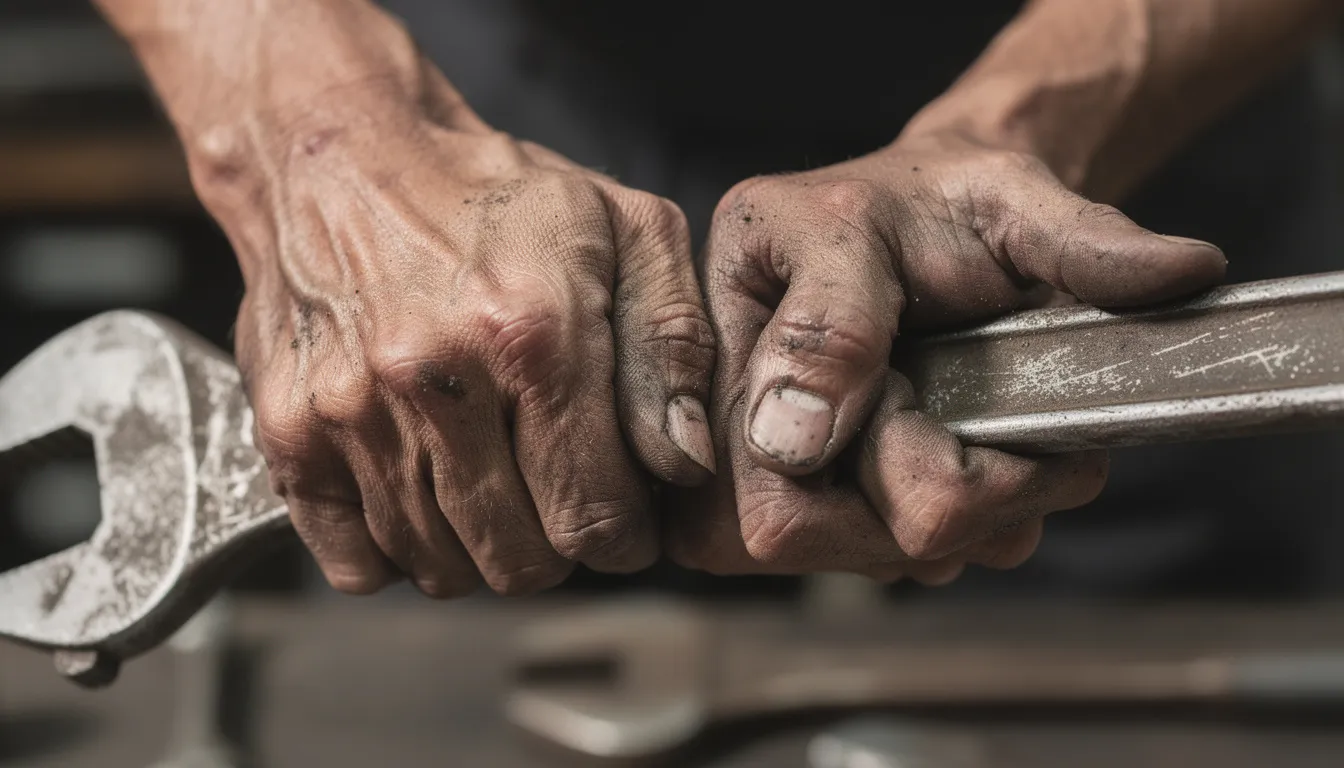 A close-up of weathered hands, showing visible calluses and cracks, grips a wrench, highlighting the effects of hard work. These rough hands may benefit from a restorative hand cream to combat dry, cracked skin and maintain the skin's moisture barrier.