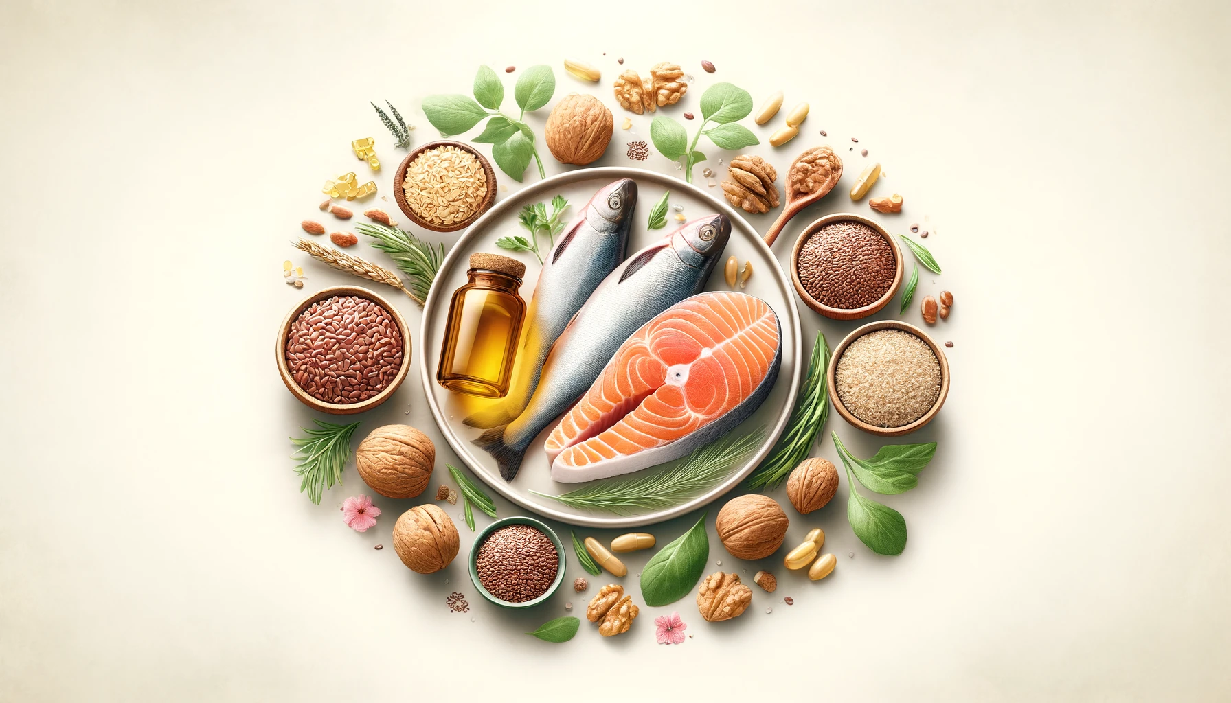 A horizontal image featuring sources of Omega-3 fatty acids, including salmon, flaxseeds, walnuts, and fish oil capsules.