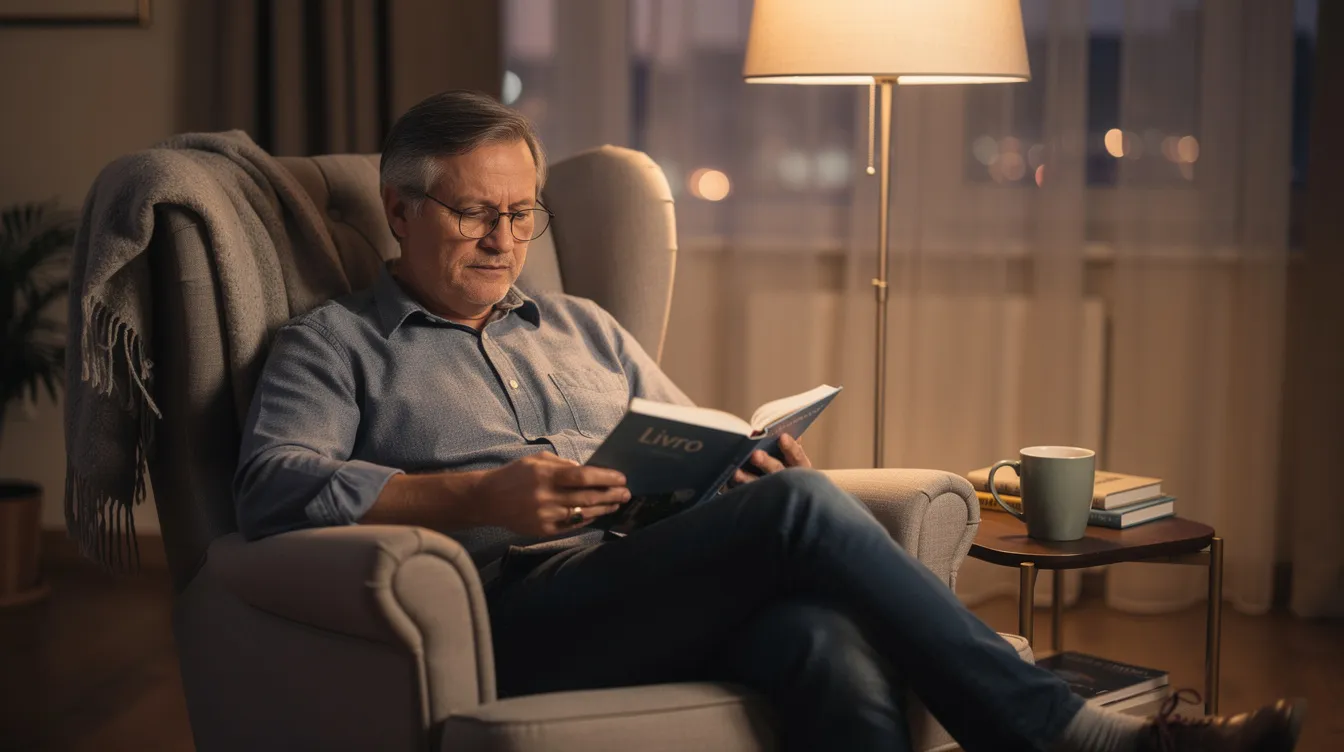 Uma pessoa madura está confortavelmente sentada em uma poltrona, lendo um livro enquanto usa óculos, que ajudam na sua visão. O ambiente transmite tranquilidade e foco, ideal para a leitura e absorção de conhecimento.