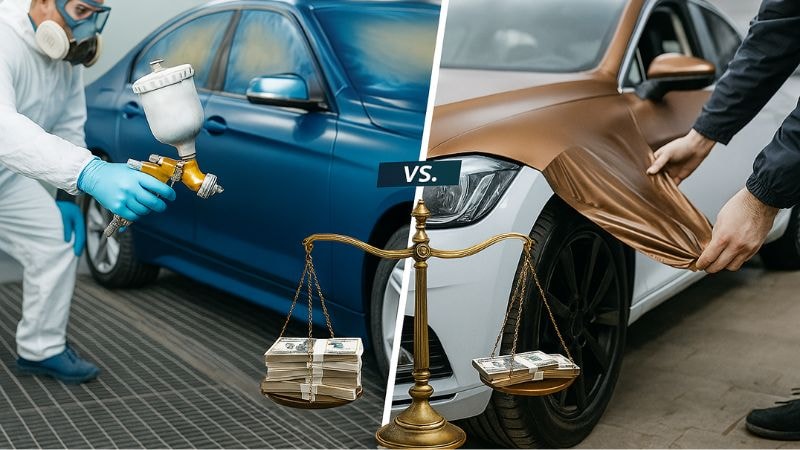 Car is being painted on the left which is costly and car is being wrapped on the right which is cheaper