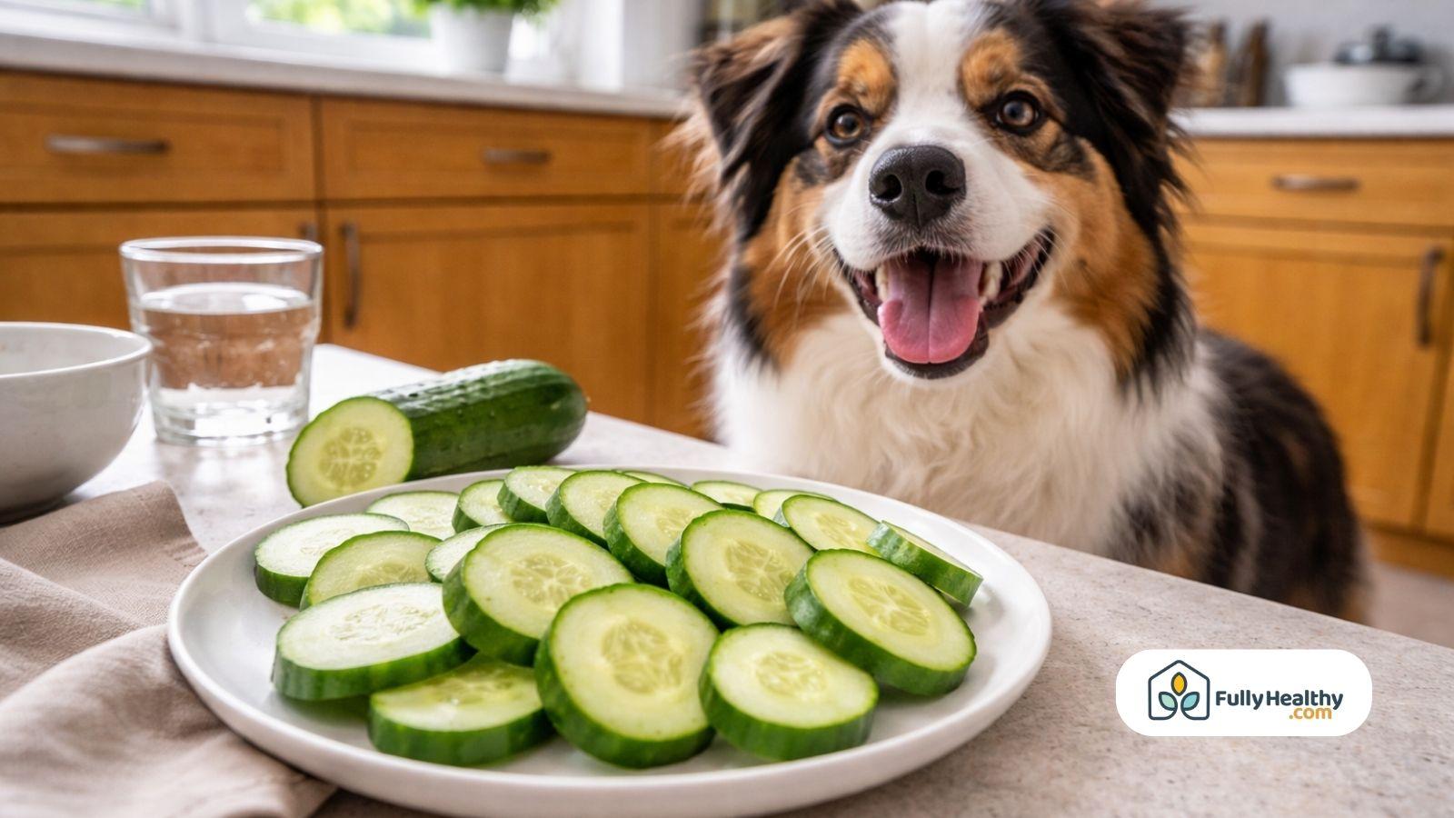 Happy dog sitting near plate of fresh cucumber slices in kitchen