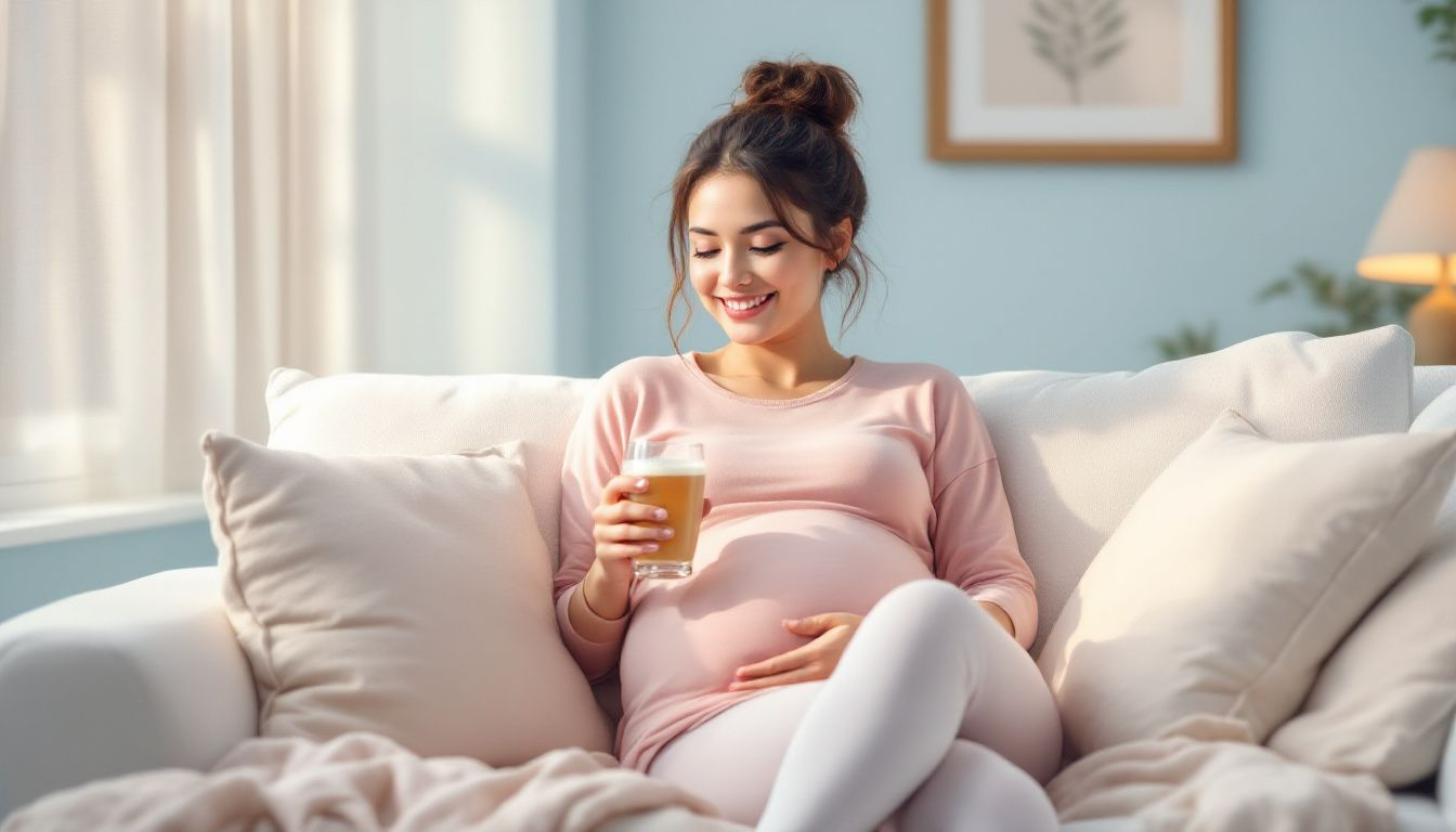 A pregnant woman holding a non-alcoholic beer while relaxing at home.