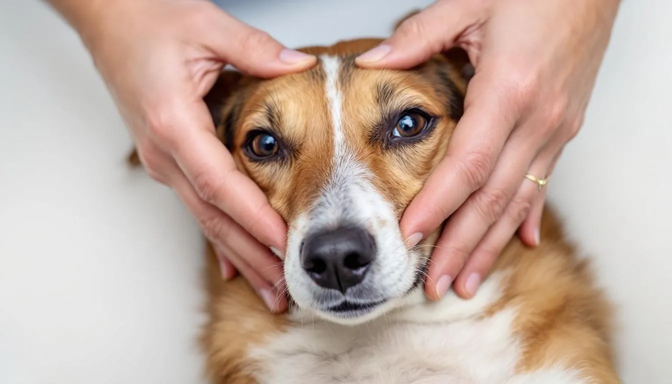 An overhead view shows hands gently palpating a medium-sized dog