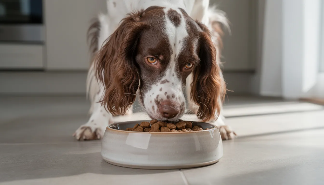 A medium-sized French Spaniel named Babe is happily eating high-quality dog kibble from a stainless steel bowl, showcasing its flowing ears and gentle eyes. This enthusiastic hunter, known for its friendly nature, is a great family pet and ideal companion for active households.
