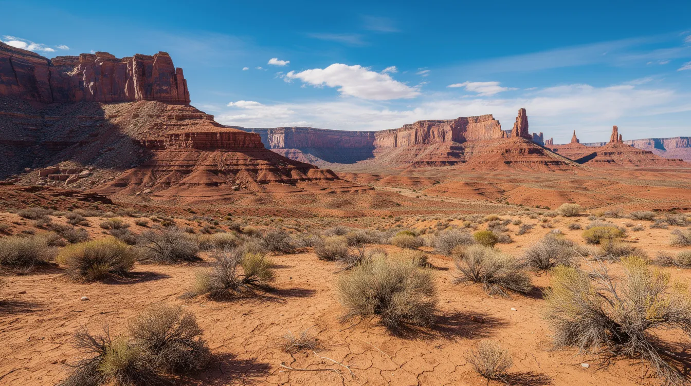 The image depicts a vast Utah desert landscape characterized by striking red rock formations under a clear blue sky. This natural setting reflects the beauty of the region, where discussions around hemp derived products and the legal status of cannabis often take place, particularly in relation to Utah state law.