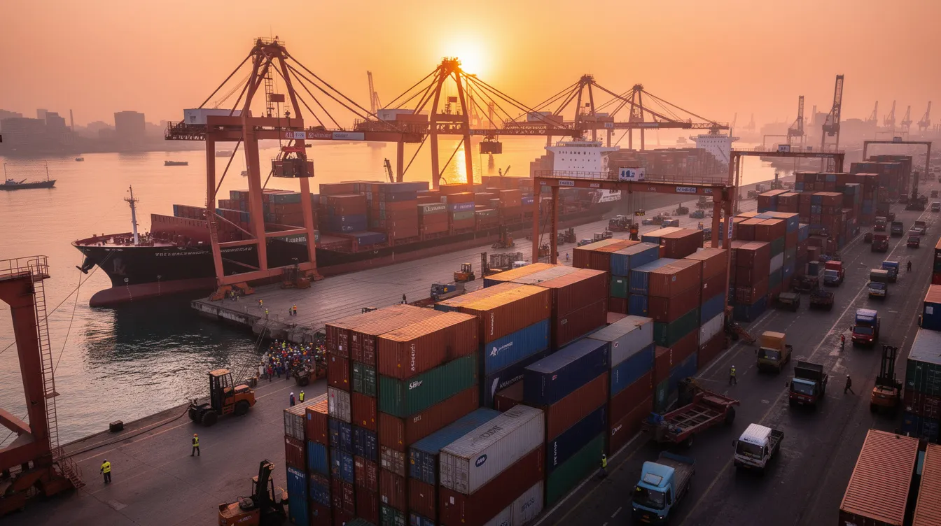 29706071 1344 407d 9192 4c7ffcba1703 The image depicts a bustling Indian industrial port at sunset, filled with colorful shipping containers and towering cranes silhouetted against the vibrant sky. This scene reflects the dynamic environment of business growth and opportunities, highlighting the importance of robust infrastructure for profitable business ideas in Gujarat.