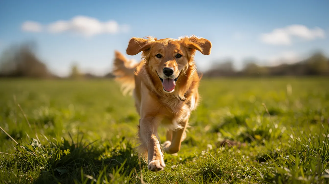 A joyful golden retriever is running freely through a lush grassy field under a bright blue sky, embodying the essence of happiness and vitality. This scene reflects the well-being of dogs, which can be enhanced by proper care and potential benefits from products like CBD oil tailored for their needs.