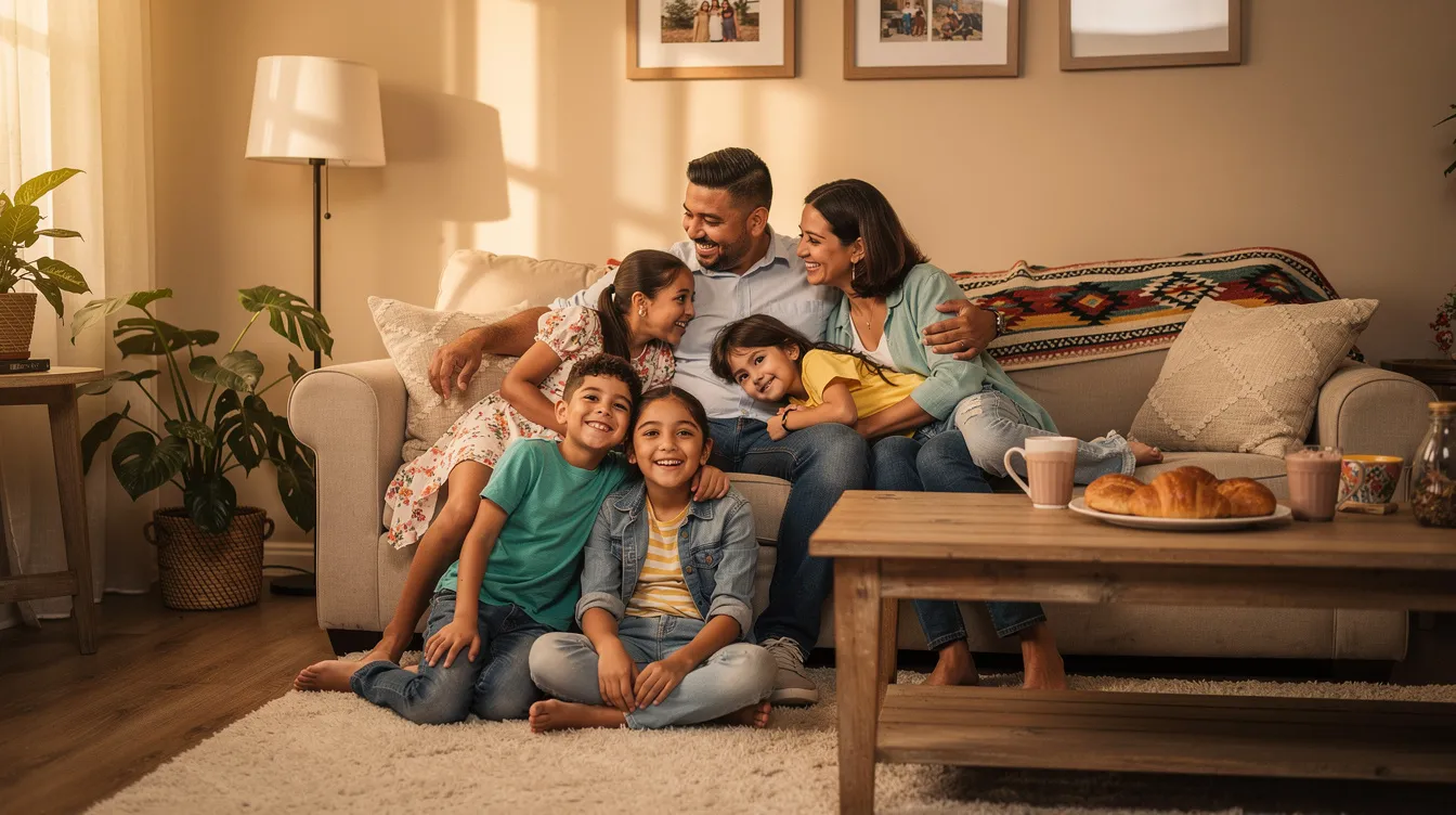 La imagen muestra a una familia hispana reunida en un ambiente cálido y acogedor, donde todos se ven felices y sonrientes, disfrutando de un momento juntos. Este tipo de unión familiar es fundamental para el apoyo emocional, especialmente en casos de negligencia médica infantil, donde los padres deben estar atentos a los derechos y necesidades de sus hijos.