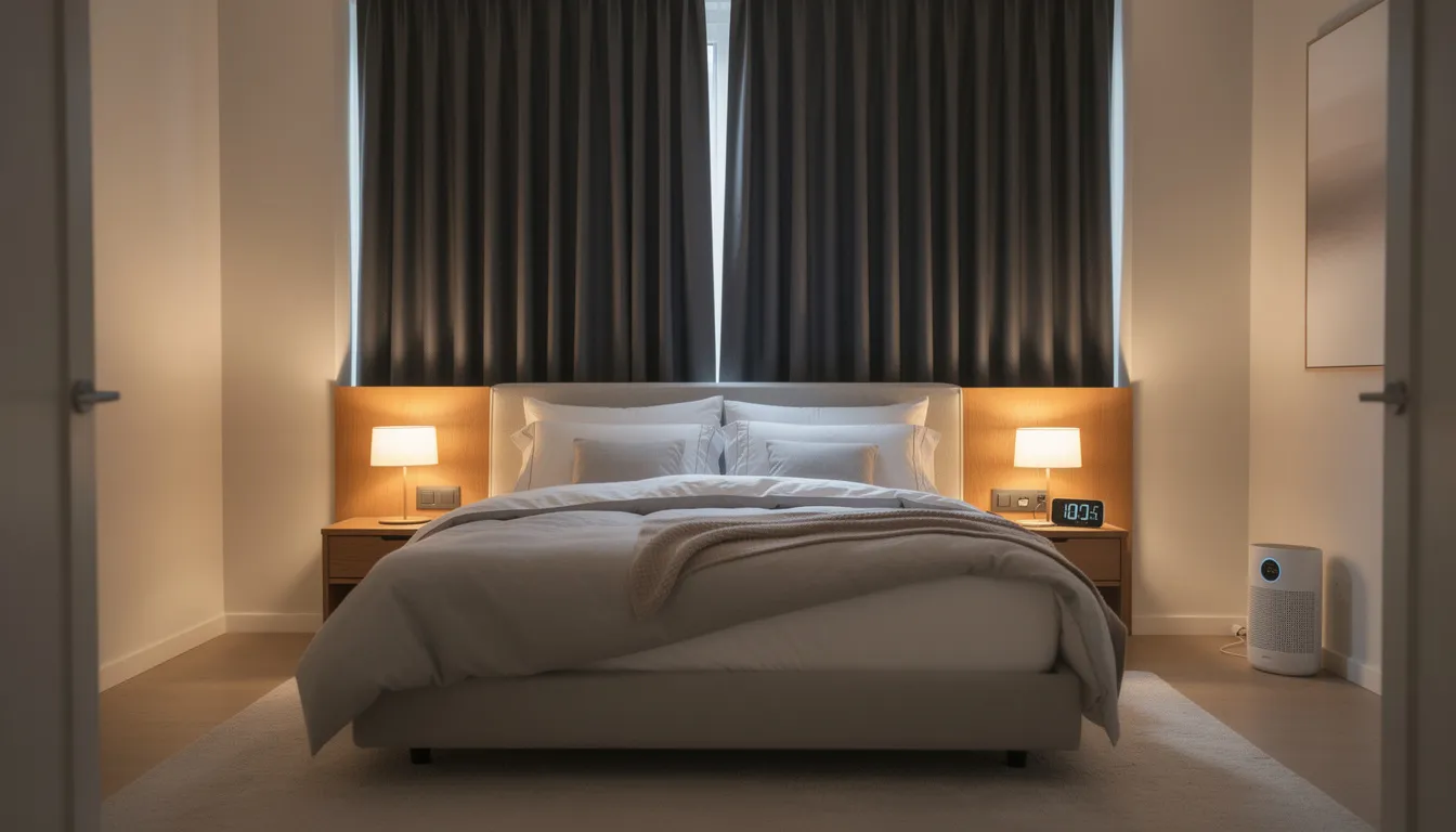 The image depicts a serene bedroom designed for optimal sleep, featuring dark curtains that block out light and a cozy bed with comfortable bedding. This peaceful environment promotes good sleep hygiene, essential for combating sleep disorders and ensuring a restful night’s sleep.