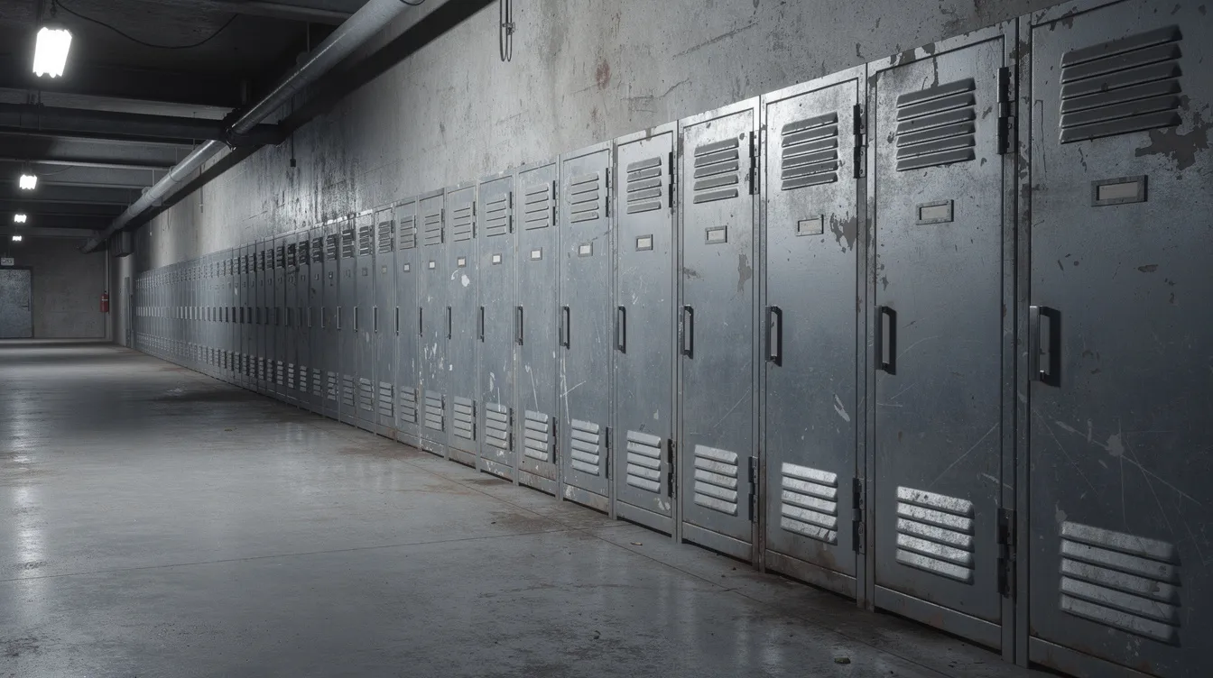 A row of heavy-duty metal storage lockers is positioned against a concrete wall in an industrial facility corridor, designed to withstand harsh environments and provide secure access for rugged devices used in demanding conditions. These lockers are essential for effective rugged device management, ensuring that sensitive data on mobile devices remains protected in high-traffic environments.