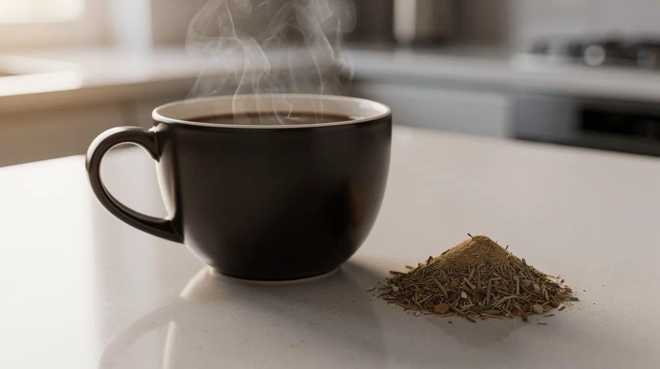A steaming cup of dark coffee sits on a kitchen counter beside a small pile of dried mushroom powder, which may contain functional mushrooms like reishi or lion's mane known for their potential health benefits, including immune support and cognitive health. The warm beverage and mushroom powder suggest a daily routine focused on overall wellness and energy.