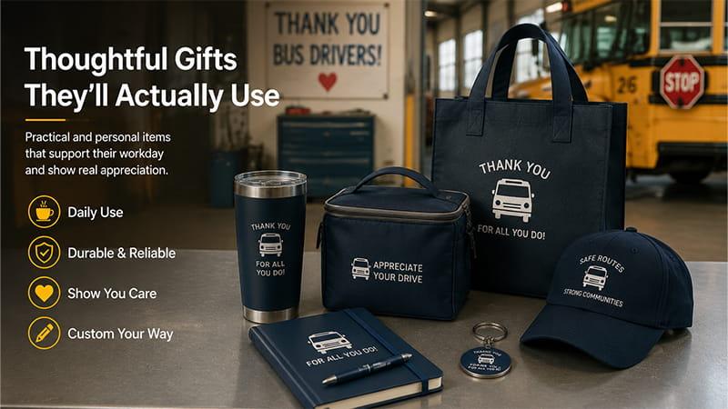 Bus driver appreciation gift set with a tumbler, lunch bag, tote bag, cap, notebook, and keychain beside a school bus