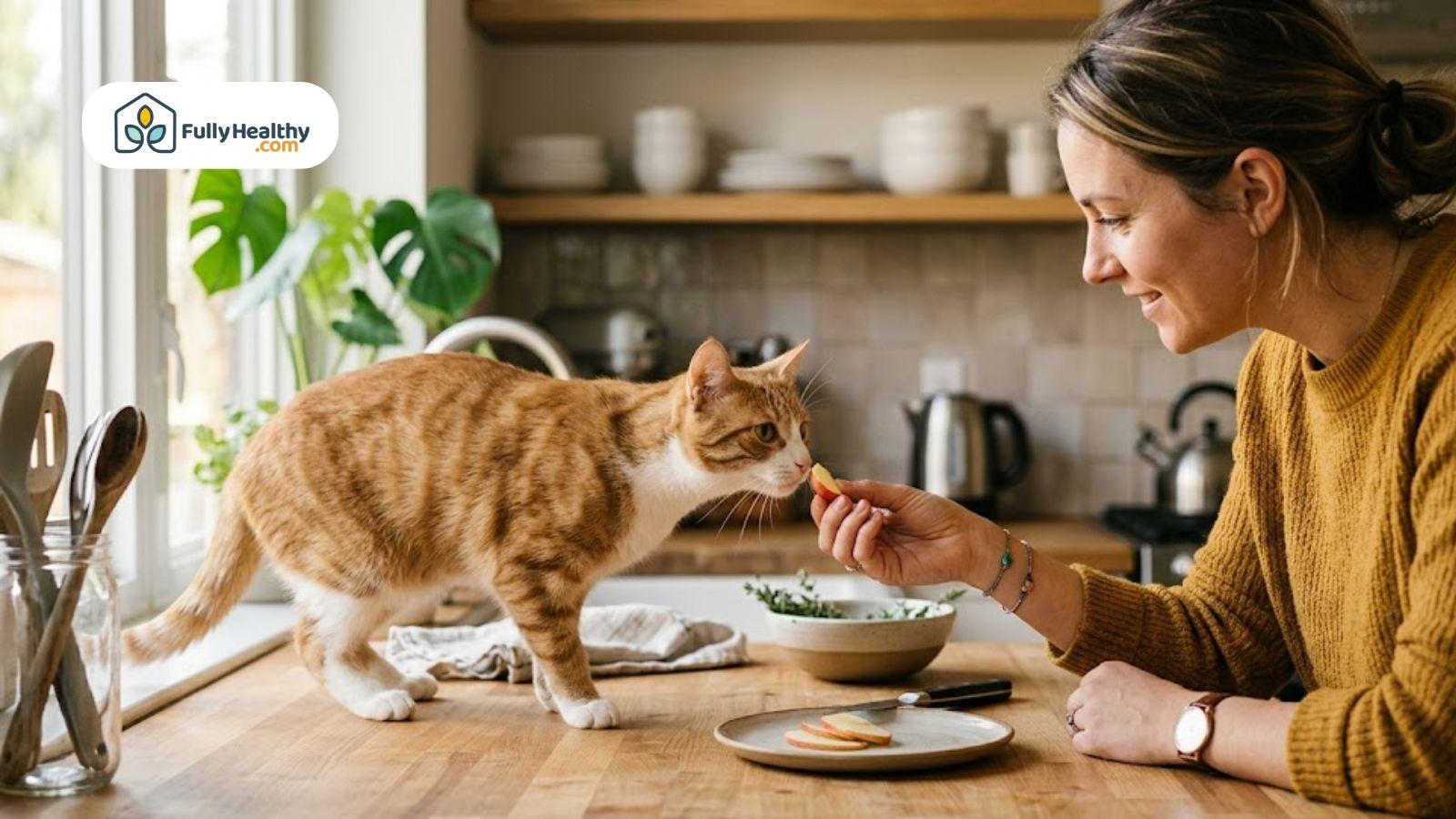 Woman offering a small apple slice to a curious orange cat on a kitchen table.
