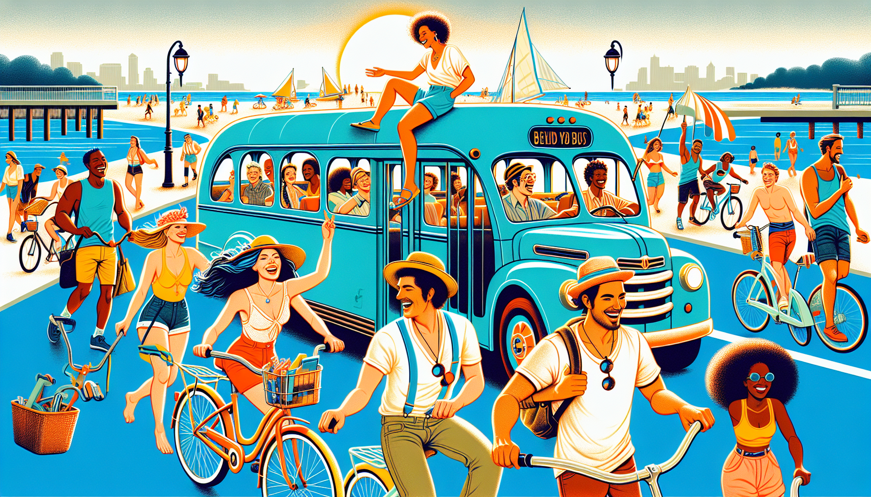 Illustration of individuals navigating the Hamptons without a car using public transit and bikes