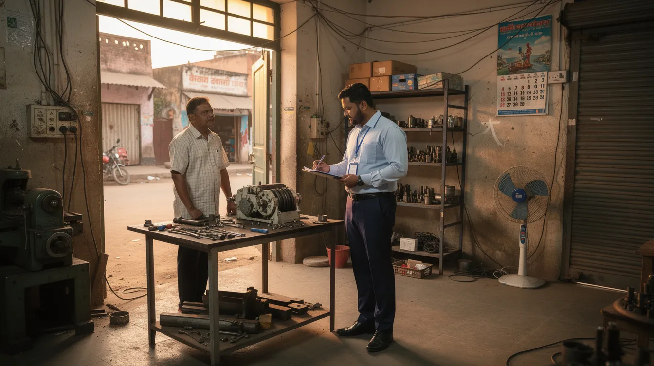 29793ba1 6e49 4294 a47a 3892e365fe6d The image shows a bank officer holding a clipboard and interacting with a small workshop owner in India, assessing the business operations and discussing potential mudra loans for financial assistance. The officer is likely reviewing required documents such as business registration proof and bank statements to evaluate the repayment capacity for a loan application.