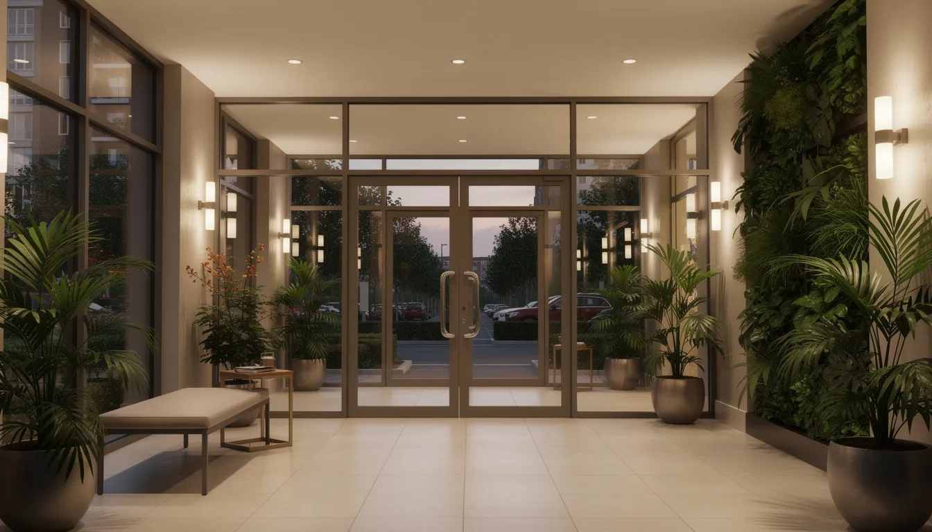 The image depicts a welcoming entrance to an apartment building, featuring friendly lighting and lush greenery that creates an inviting atmosphere. This environment fosters resident satisfaction by encouraging open communication and community engagement, essential for property managers to address concerns and enhance resident experiences.