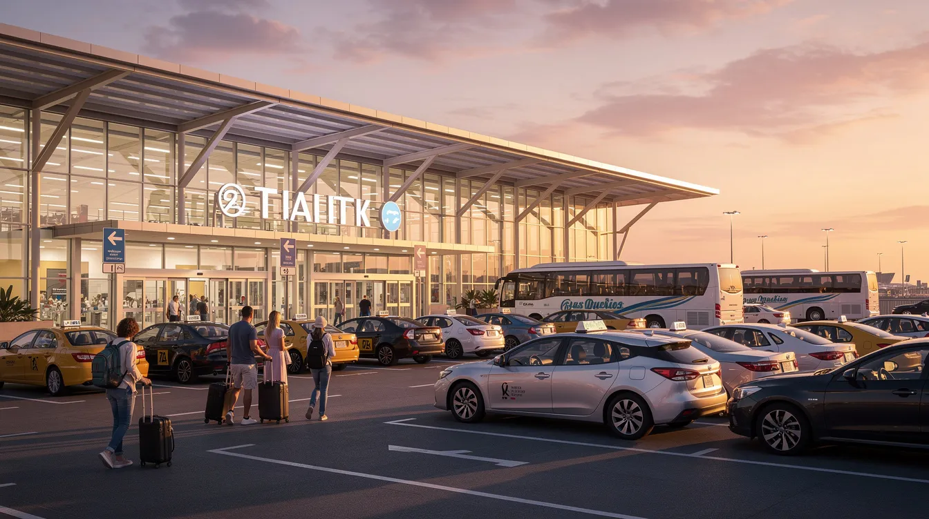 The image shows the exterior of an airport terminal at sunset, with travelers arriving and departing, and a well-organized parking lot filled with vehicles, including options for rental cars. The scene captures the bustling atmosphere of Casablanca Airport, a gateway for foreign visitors eager to explore Morocco's vibrant souks and stunning landscapes.
