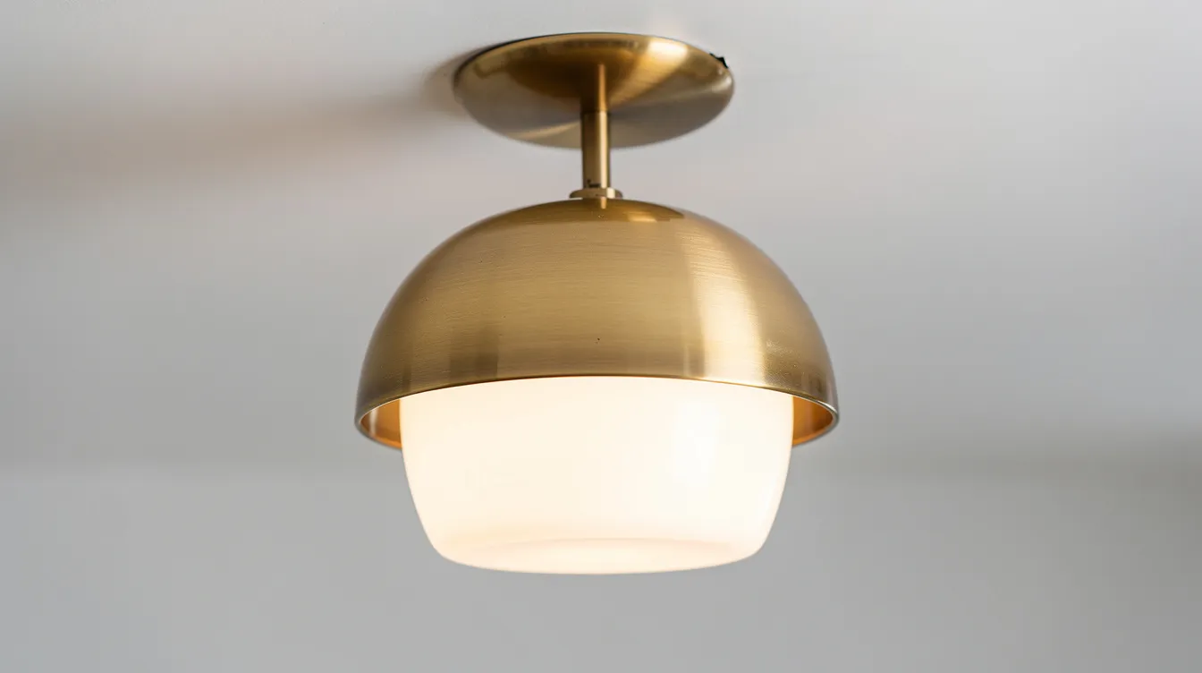 Närbild av en taklampa i mässing med en opalglas skärm som hänger mot en vit takytan. Denna stiliga pendel erbjuder både funktion och design, perfekt för att skapa en varm atmosfär i vardagsrummet.