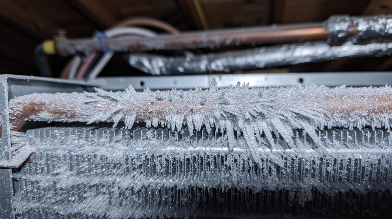 The image shows a close-up view of frost accumulating on an indoor evaporator coil inside an attic air handler, highlighting potential cooling issues in HVAC systems. This frost can indicate problems with airflow or refrigerant levels, which may lead to costly repairs if not addressed promptly.