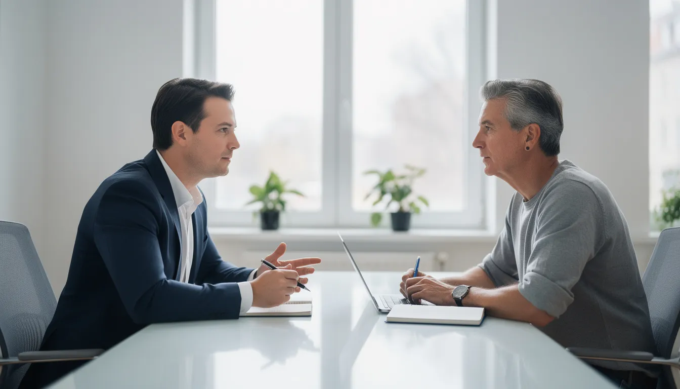 The image depicts two individuals engaged in a professional consultation, likely discussing social security disability benefits and the application process. One person appears to be providing guidance on eligibility criteria for disability benefits, while the other listens attentively, suggesting a focus on medical records and qualifying disabilities.
