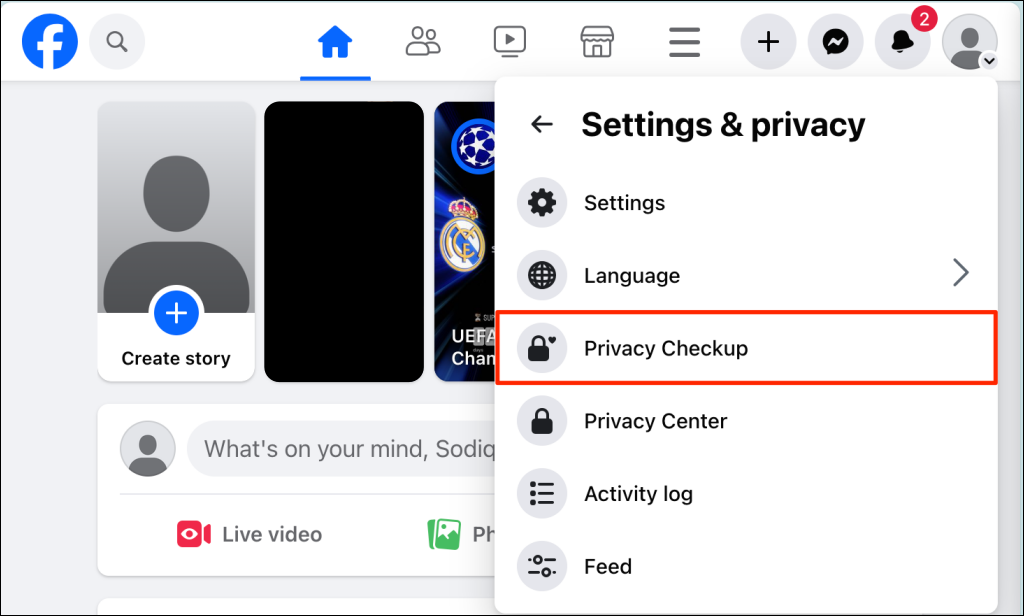 "Privacy Checkup" tool on Facebook's settings menu