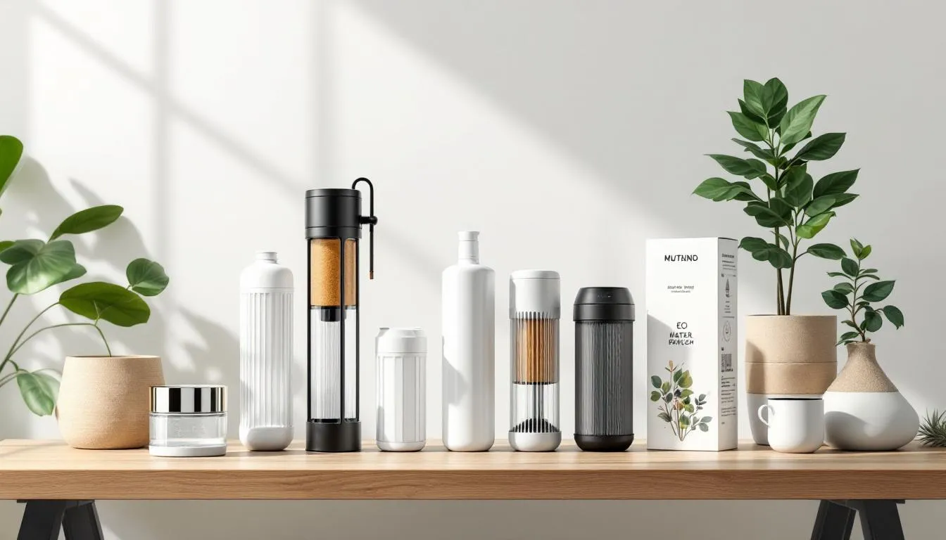 Verschillende soorten waterfilters gepresenteerd op een tafel.
