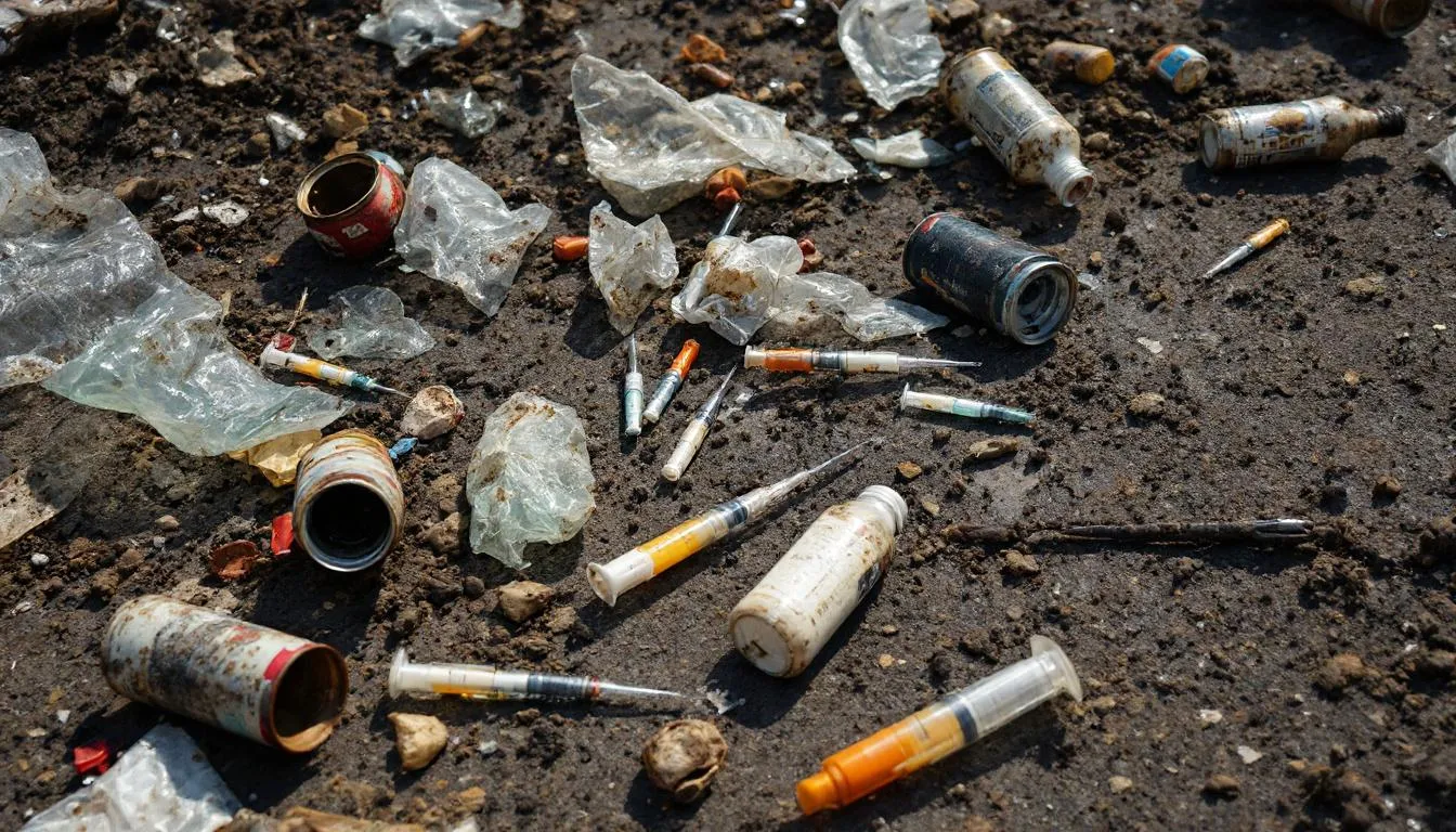 A close-up view of hazardous materials and debris commonly found in homeless encampments, including discarded personal belongings, trash, and drug paraphernalia, highlighting the safety concerns associated with these sites. The image reflects the urgent need for cleanup efforts to ensure public health and safety for both encampment residents and the general public.
