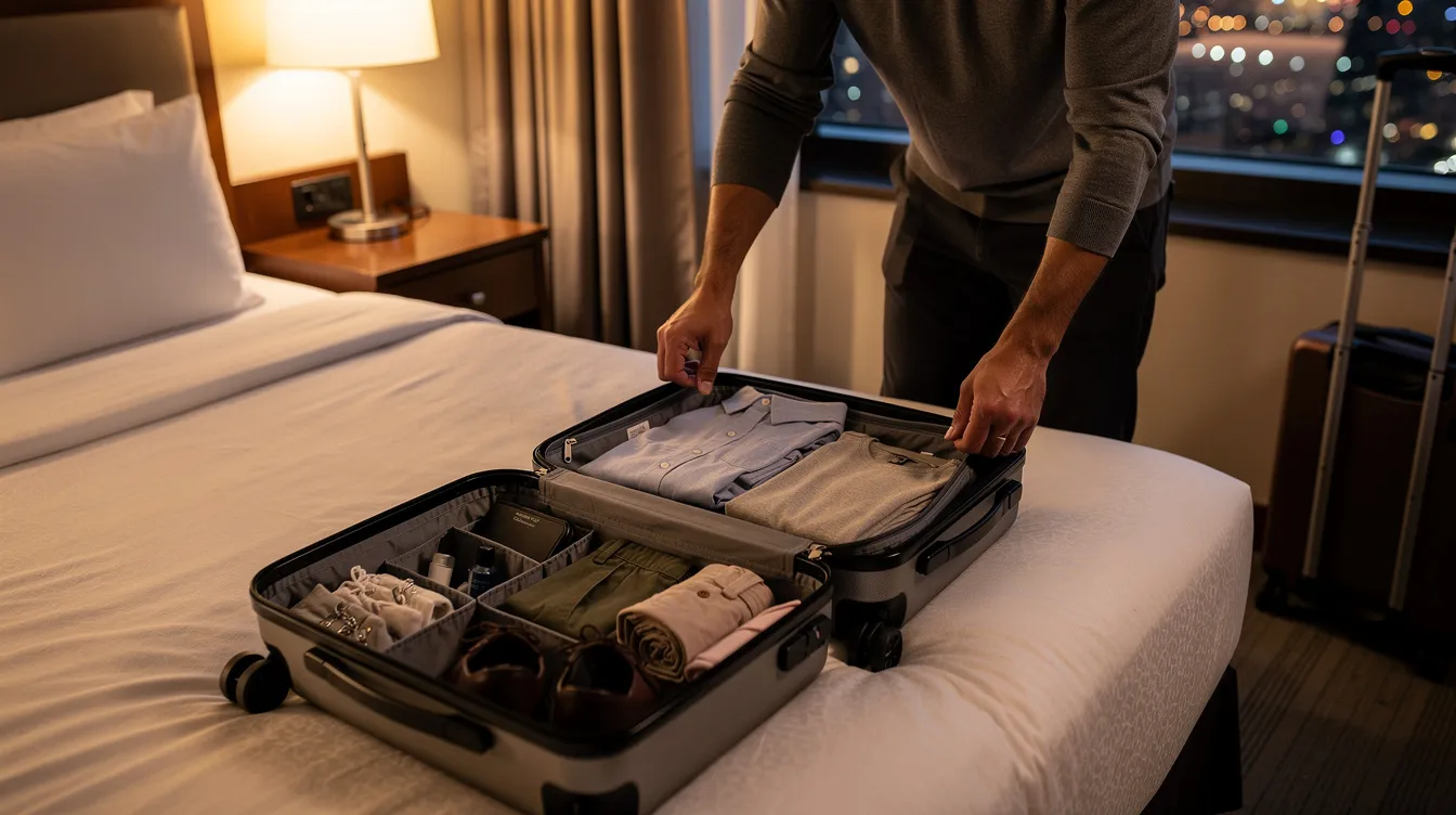 A traveler is zipping a suitcase closed on a hotel bed, revealing organized clothing inside, including clean and dirty clothes separated for efficient packing. The suitcase is neatly arranged with packing cubes and shoe bags, demonstrating a tidy approach to managing belongings during the trip.